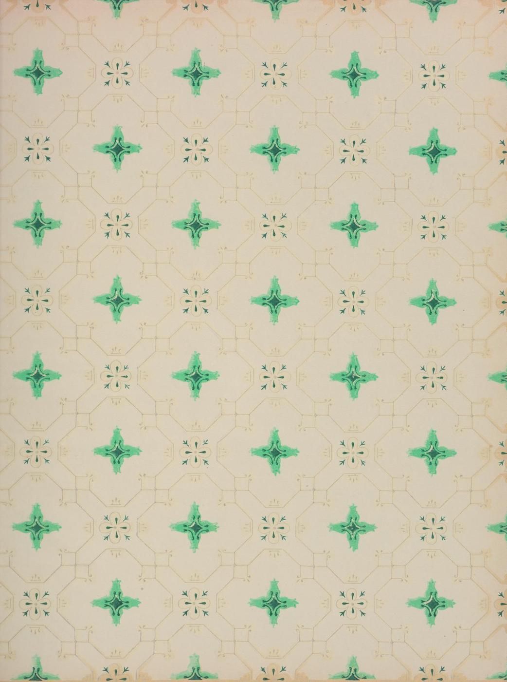 A vintage wallpaper pattern with a repeating teal-green geometric design on a creamy beige background.
