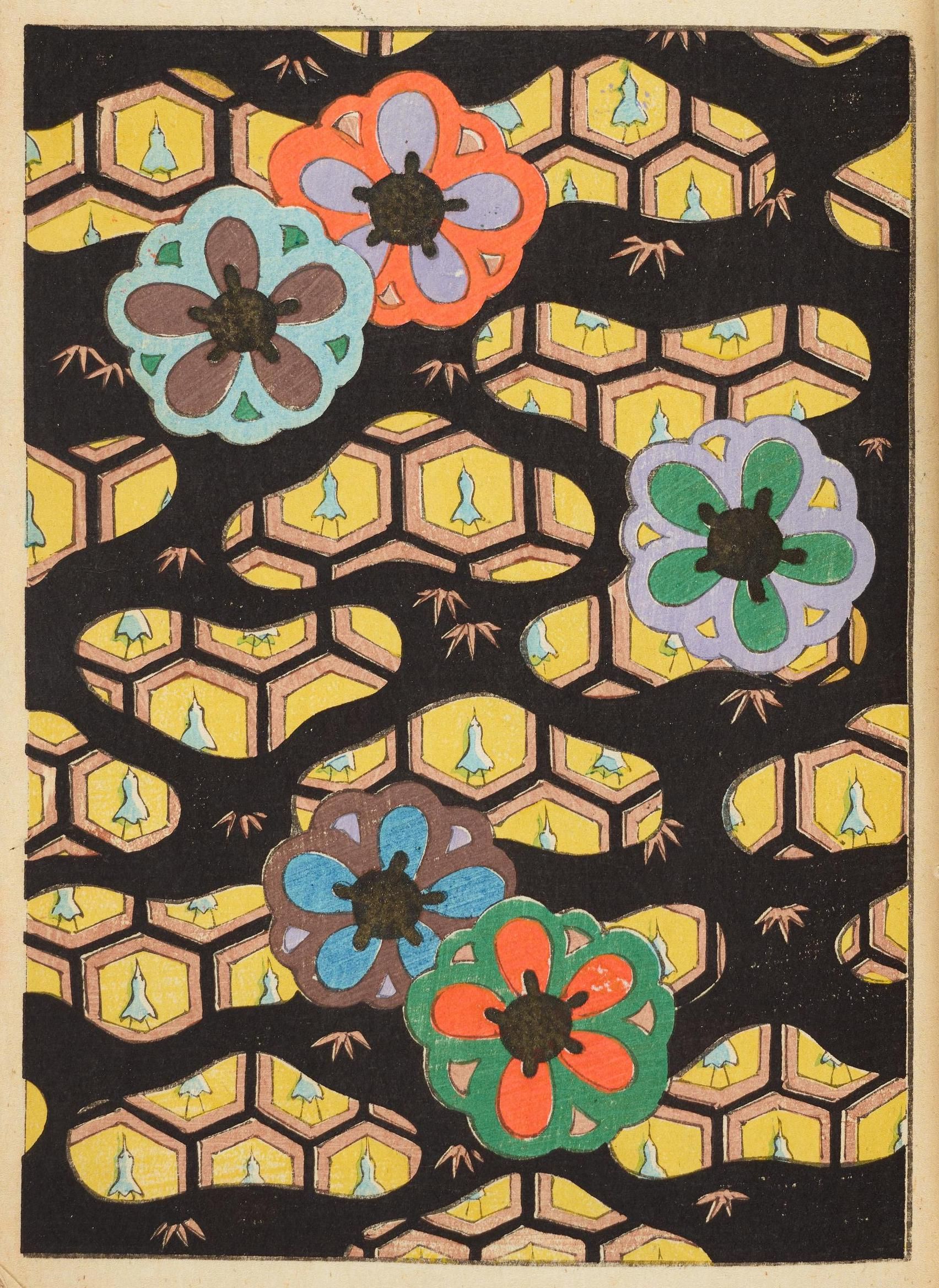 A vintage-style textile or wallpaper pattern with stylized flowers and a hexagonal grid.