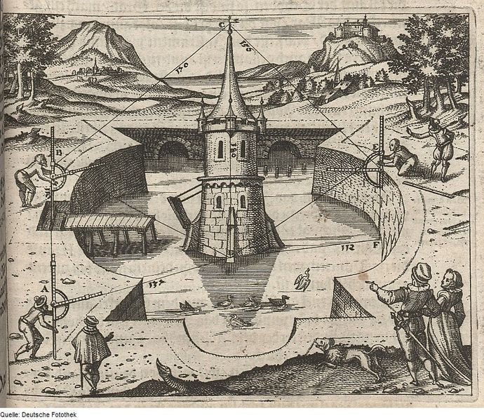 A black and white engraving depicting a complex, fantastical landscape with a central tower as its focal point.
