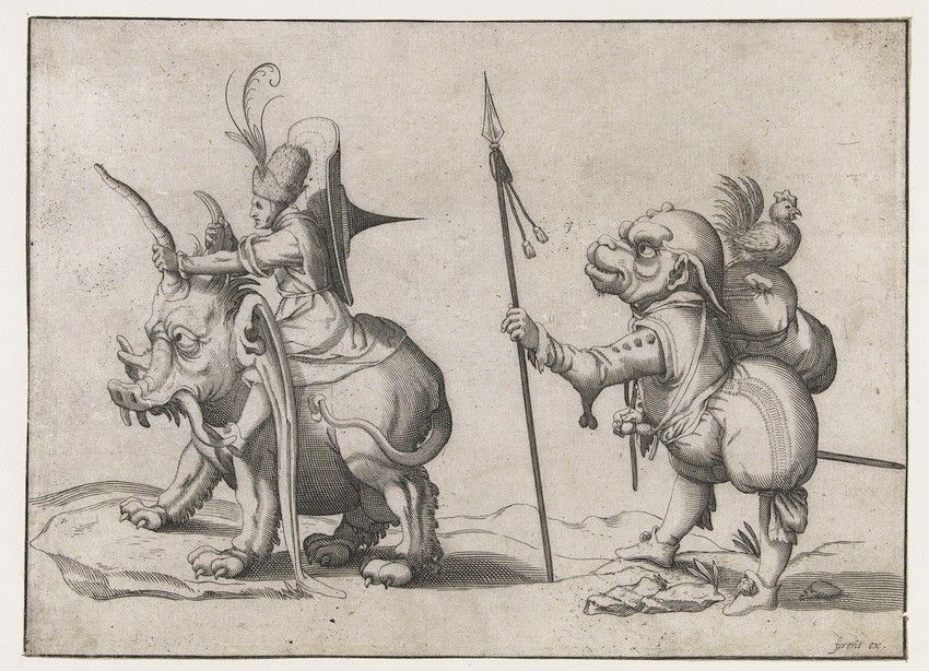 A black and white engraving depicting a person riding a rhinoceros-like creature and a grotesque dwarf-like figure with a spear.