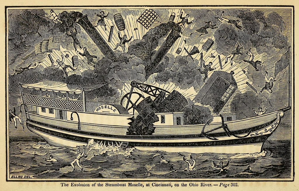 Vintage woodcut illustration of the steamboat Moselle exploding on the Ohio River, with people falling into the water and debris scattered around.
