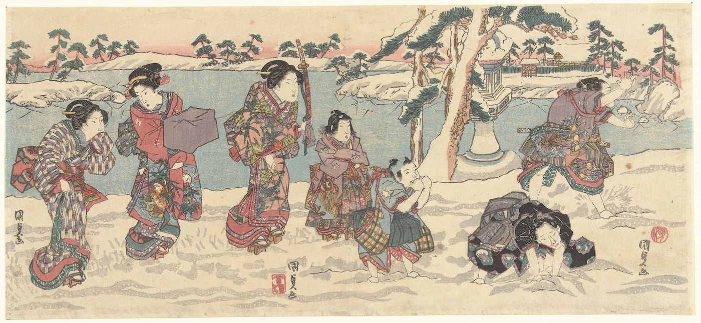 Vintage Japanese woodcut print depicting a winter scene with a group of people in traditional clothing walking through a snowy landscape with pine trees and a distant temple.