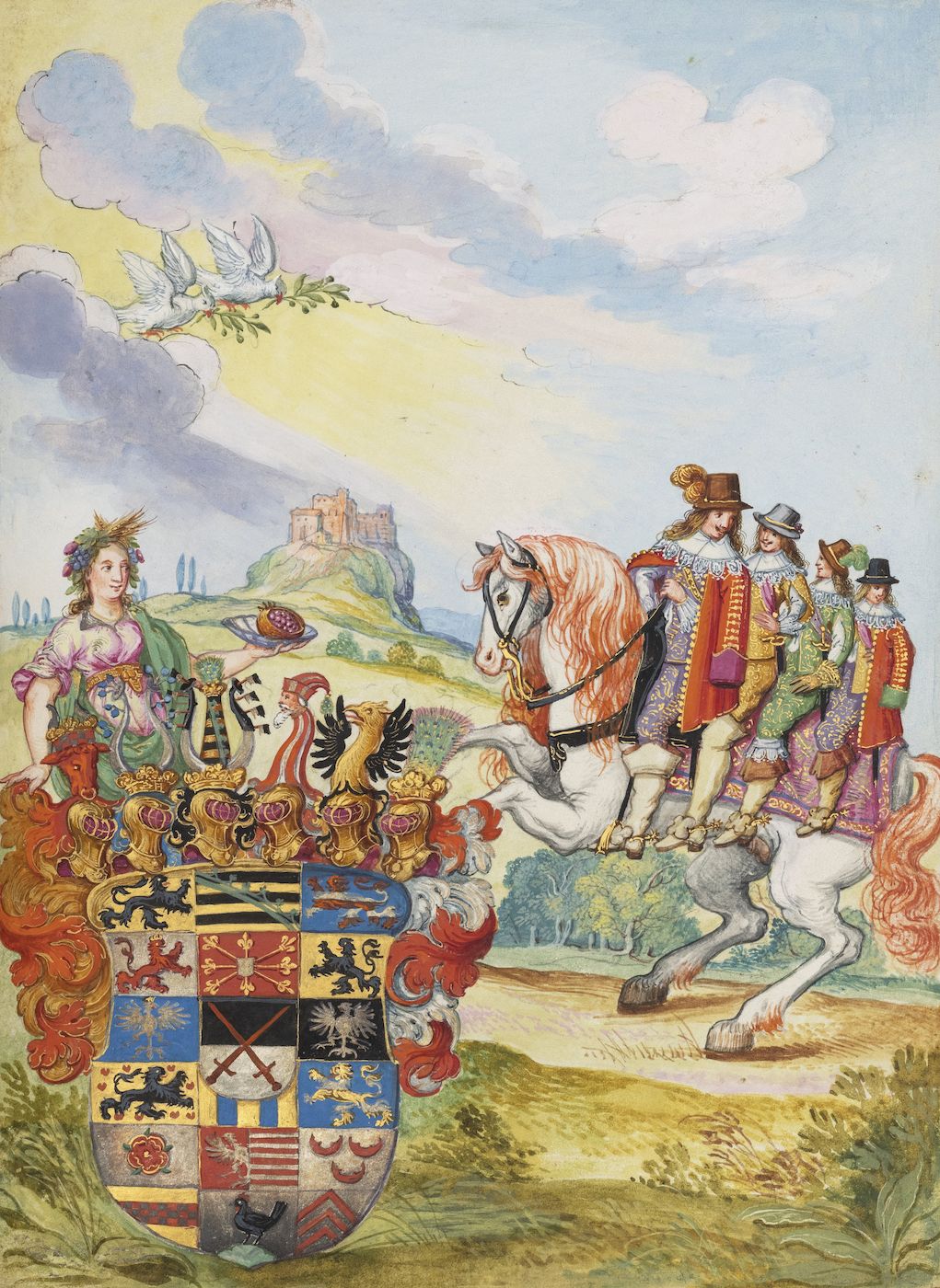 A detailed watercolor painting of a coat of arms, a woman, and three men on horseback in a landscape with a castle.