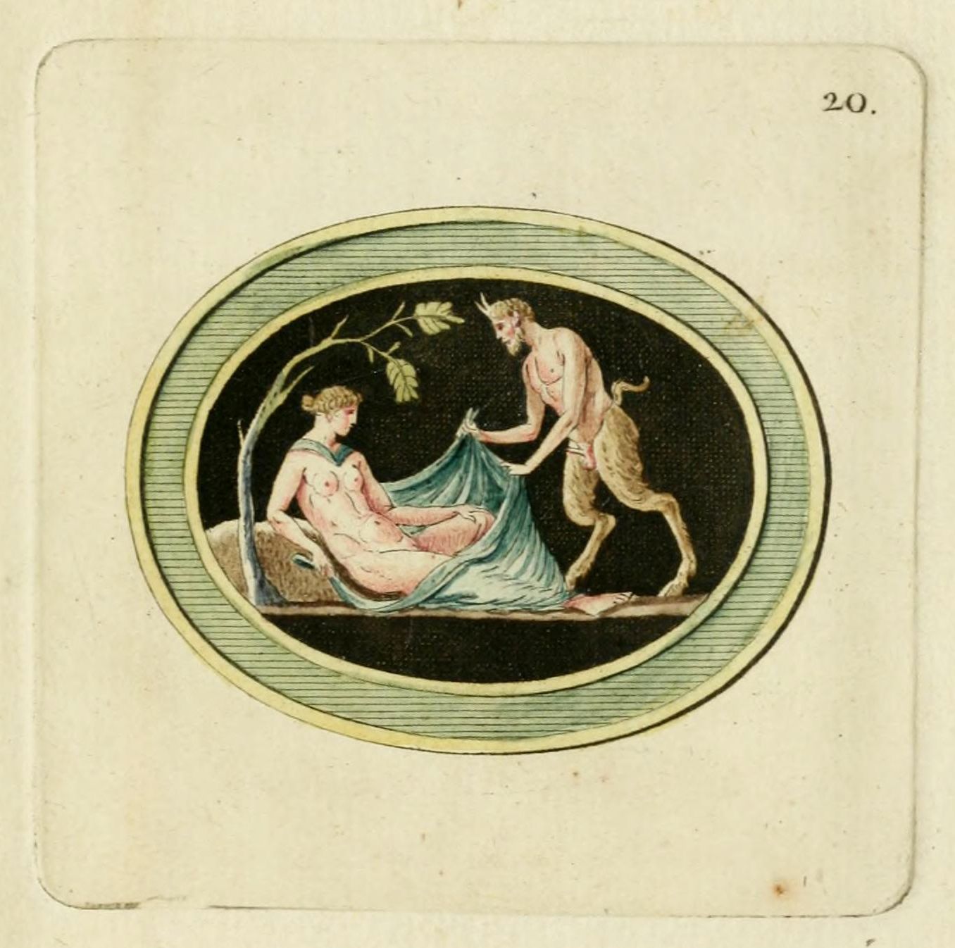 Circular artwork depicting a nude woman and a satyr, reminiscent of ancient Roman or Greek art.
