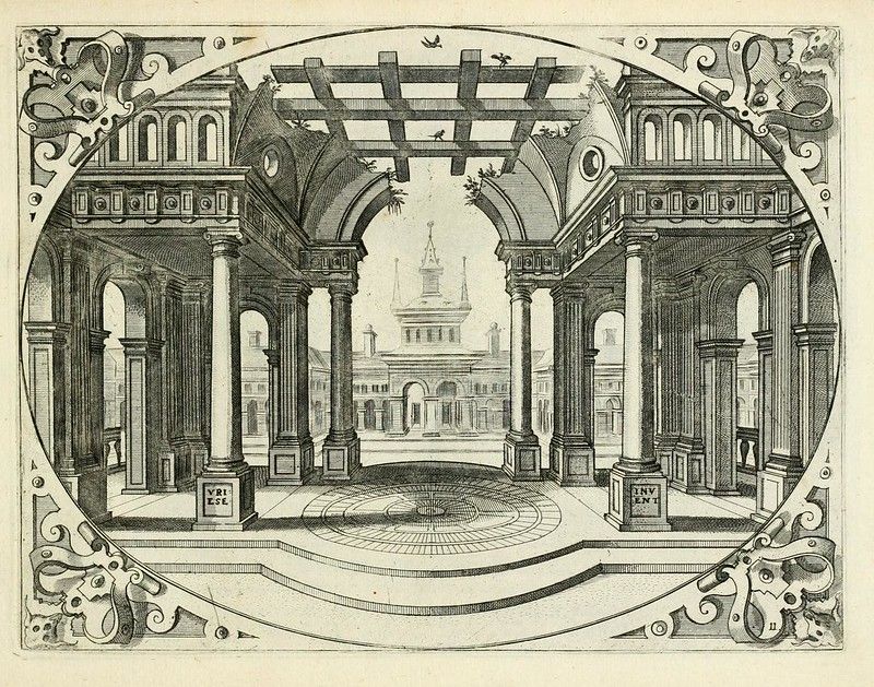 A detailed black and white engraving of a classical architectural scene with arches, columns, and a distant landscape, framed by an ornate border.