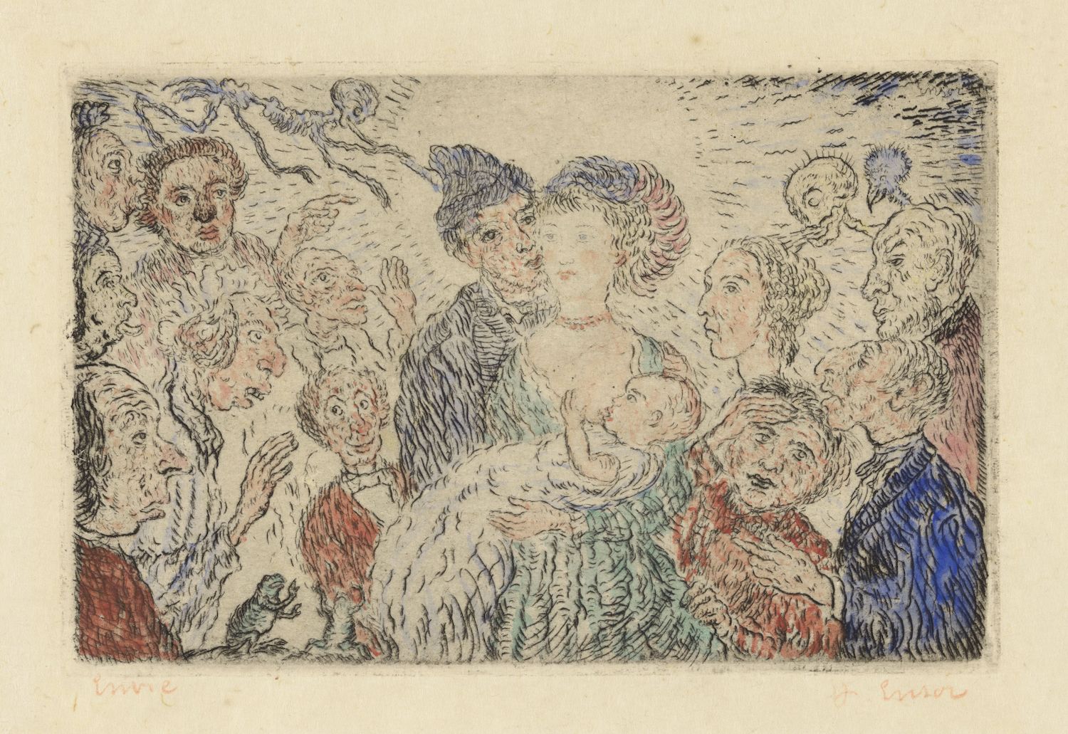 An etching depicting a crowded scene of people, with a couple embracing in the center. The style is characterized by dense, swirling lines creating a textured and somewhat chaotic effect. The figures are rendered with expressive faces and detailed hair.