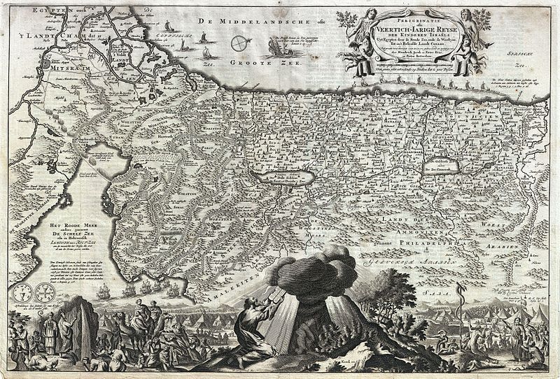 Antique map with a detailed landscape, people, ships, and text labels.