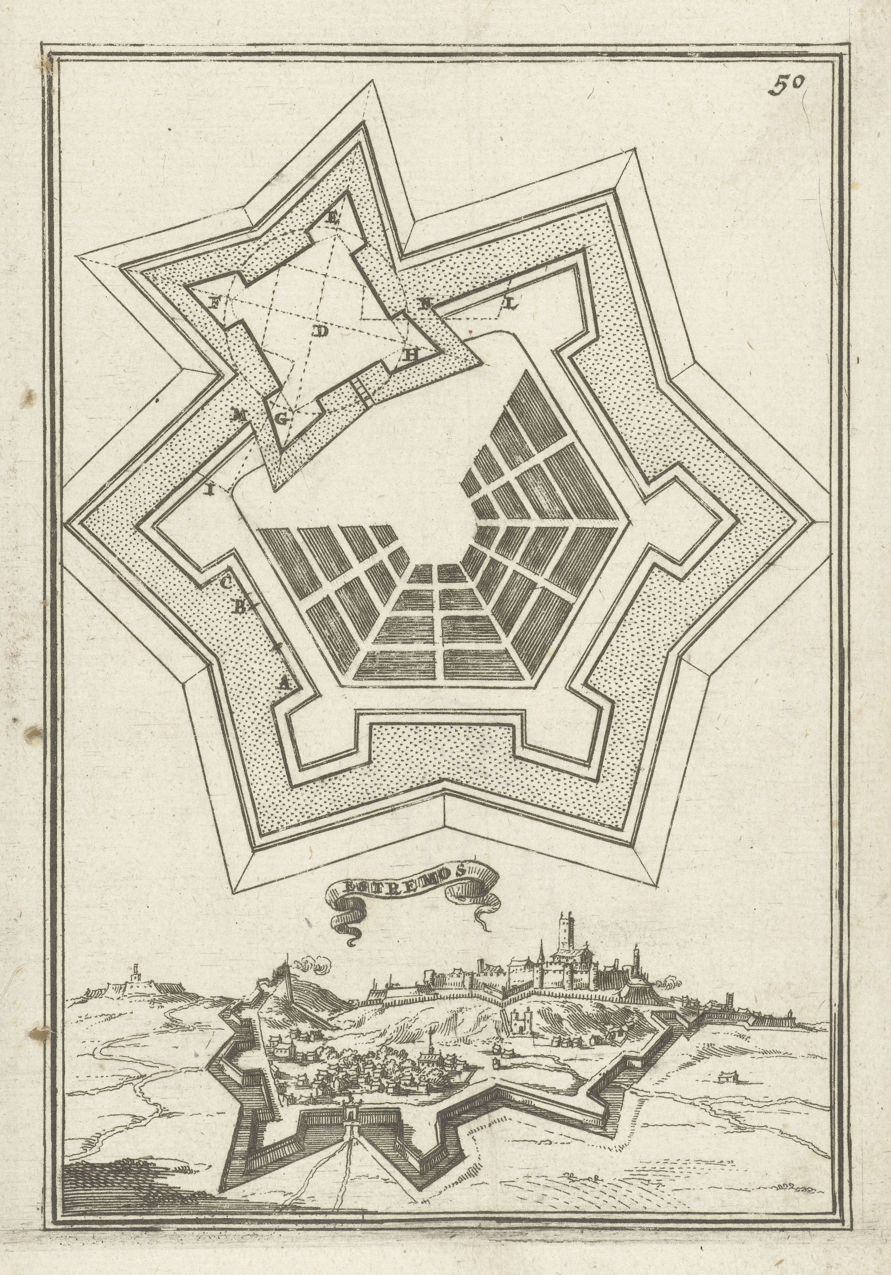 Vintage black and white engraving of a fortified city with a star-shaped fort layout and a detailed landscape view.