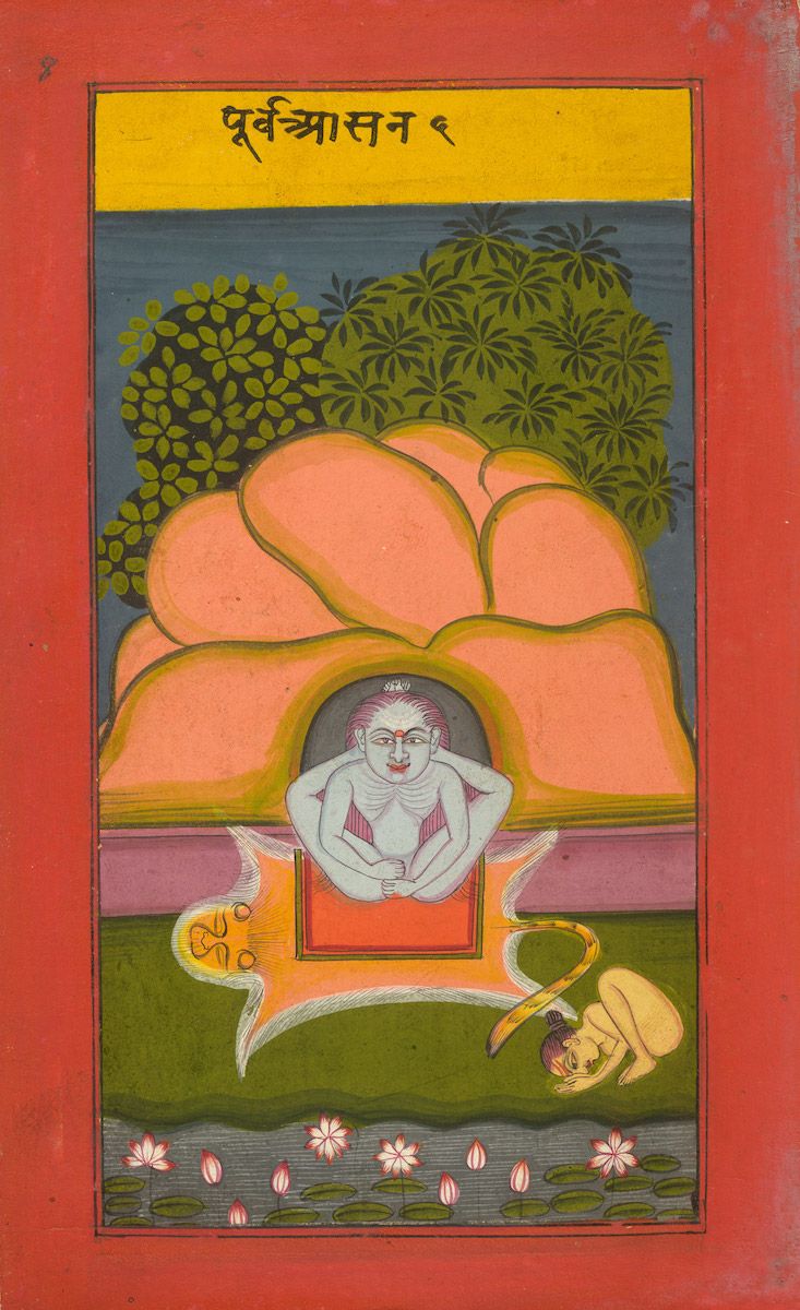 A traditional Indian painting depicting a blue-skinned man emerging from a pink cave-like formation, with a smaller figure prostrating below. Lotus flowers and a tree fill the landscape.