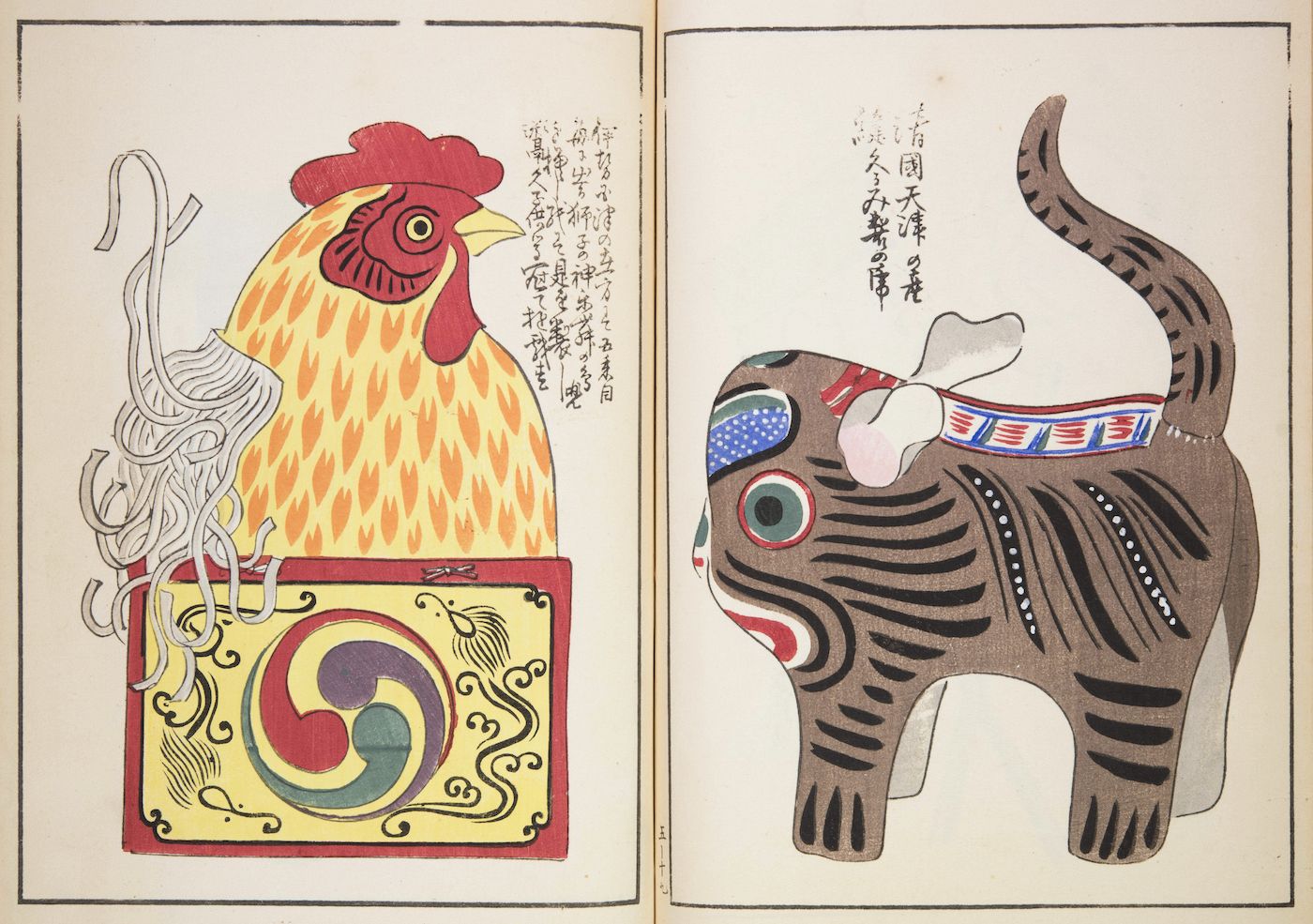 A woodblock print illustration featuring a red rooster and a black elephant.
