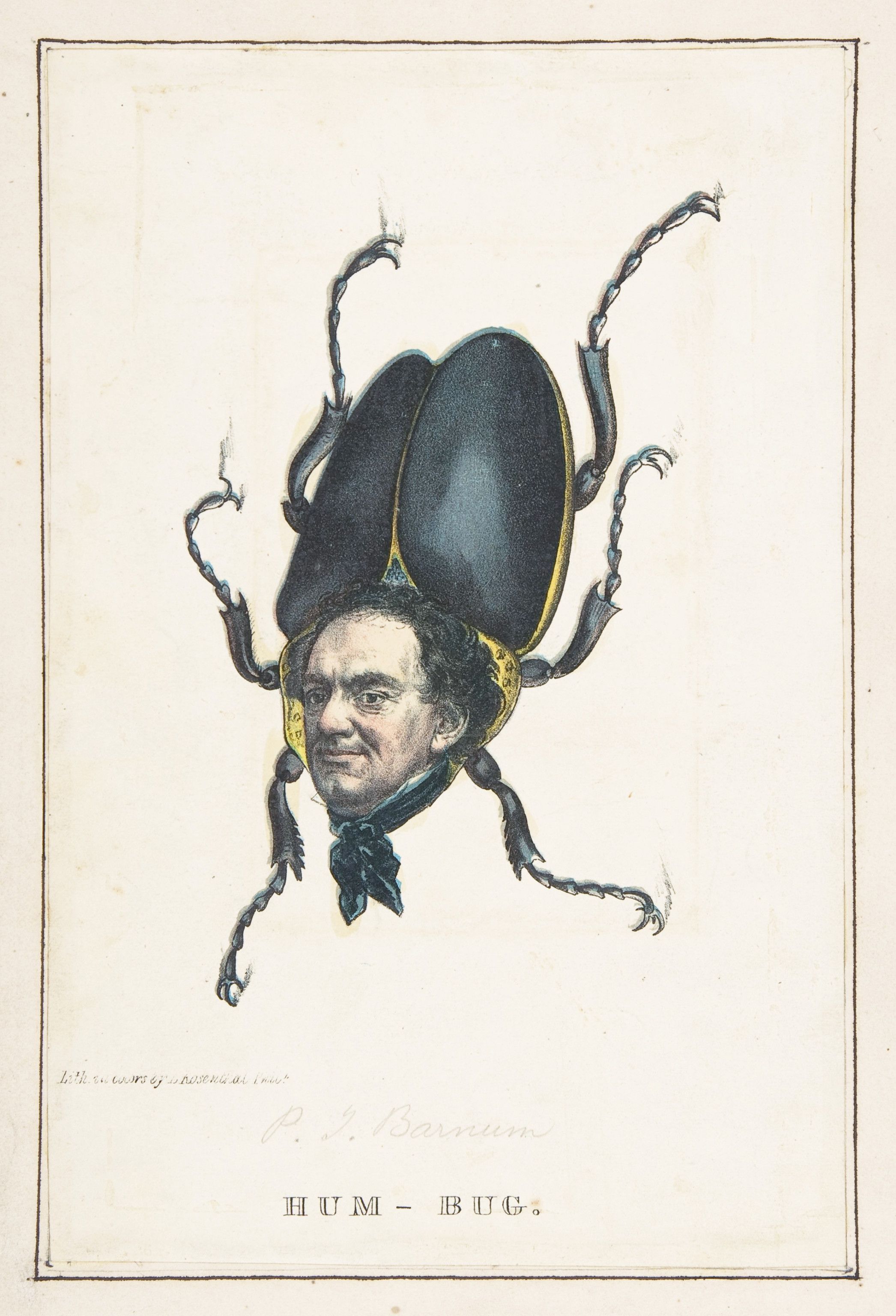 A vintage illustration of a man's head and torso seamlessly integrated with the body of a large beetle, labeled 'HUM - BUG'.
