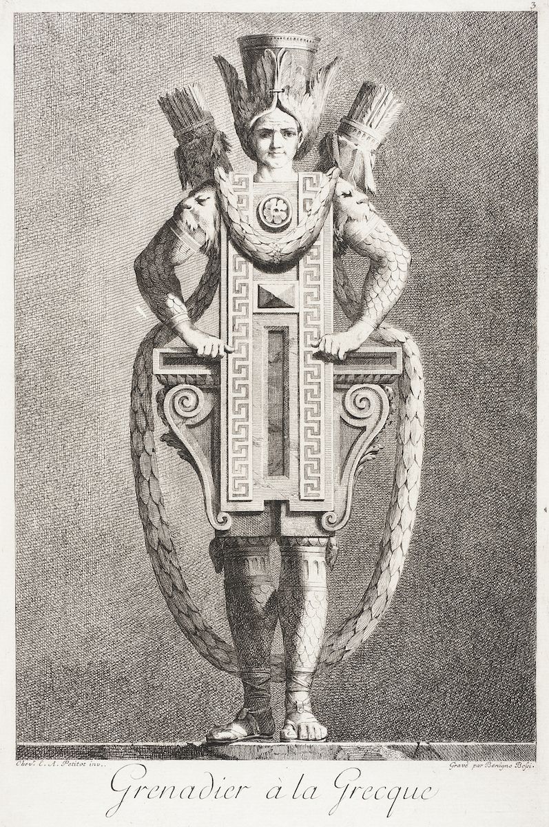 A black and white engraving of a soldier in ornate Greek-inspired armor, holding a shield with a sculpted face.