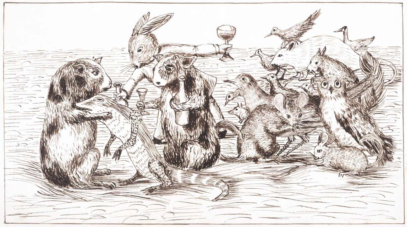 A black and white illustration of anthropomorphic animals gathered around a small table, holding glasses and engaging in a social gathering.