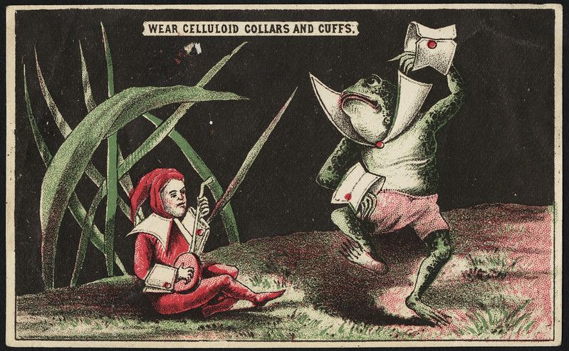 Vintage trade card featuring a dancing frog in a suit and a man in red, promoting celluloid collars and cuffs.