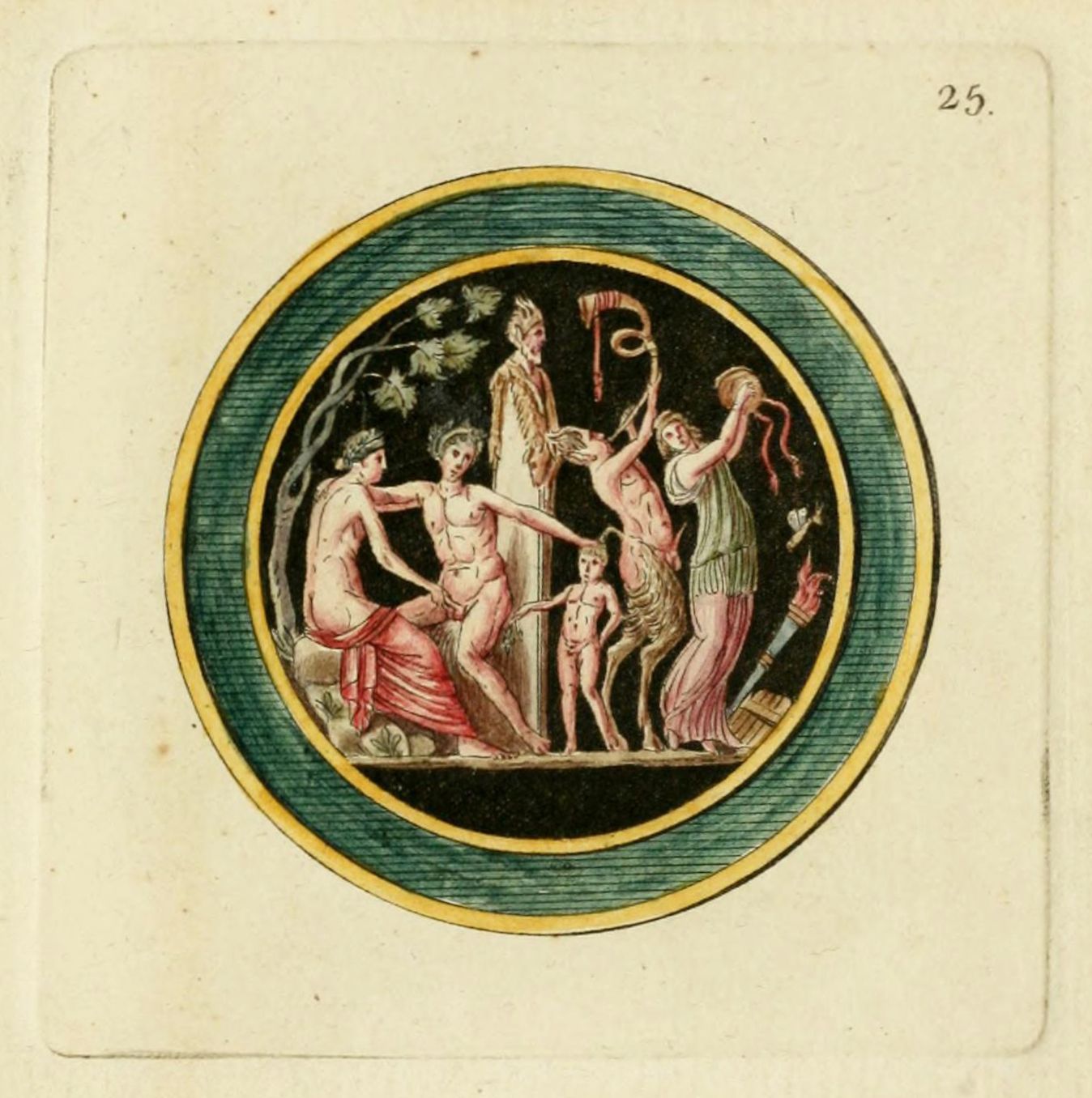 A circular drawing or painting depicting a scene with multiple figures, inspired by classical Greek or Roman art.