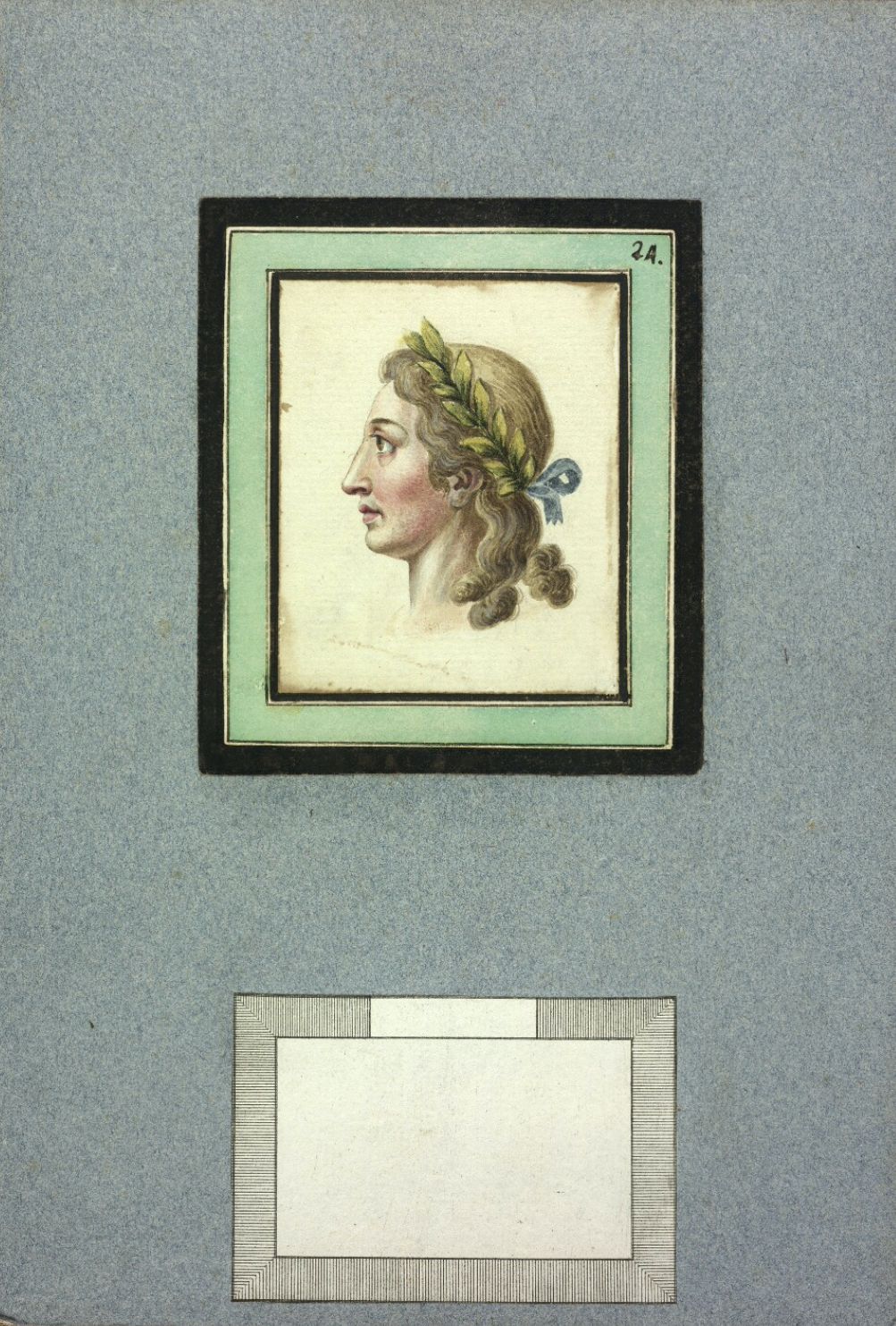 A vintage portrait of a person's head in profile, framed by a series of colored borders and set against a muted blue-gray background.