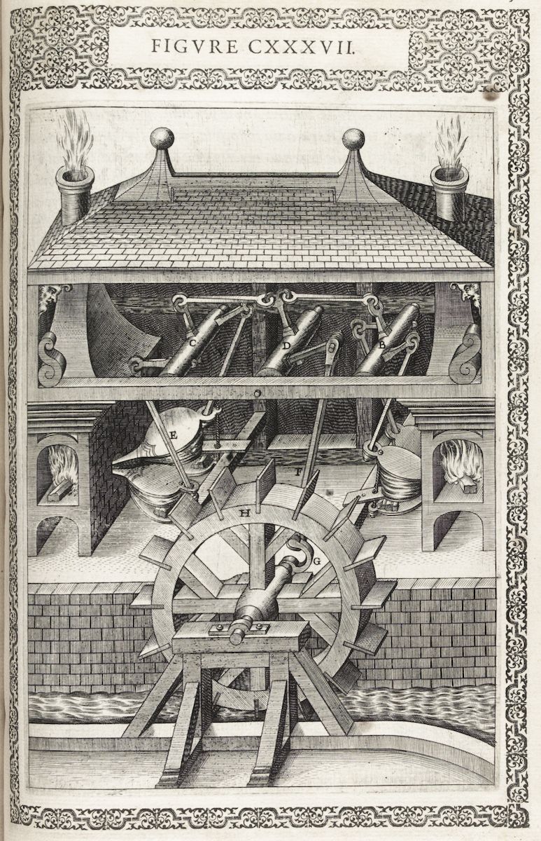 A detailed black and white engraving of a water-powered furnace or forge, with a water wheel at the base and a complex arrangement of mechanical components above.