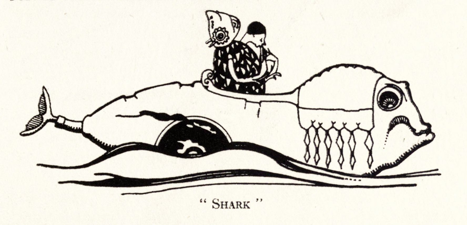 A black and white illustration of a person riding a cartoonish shark.