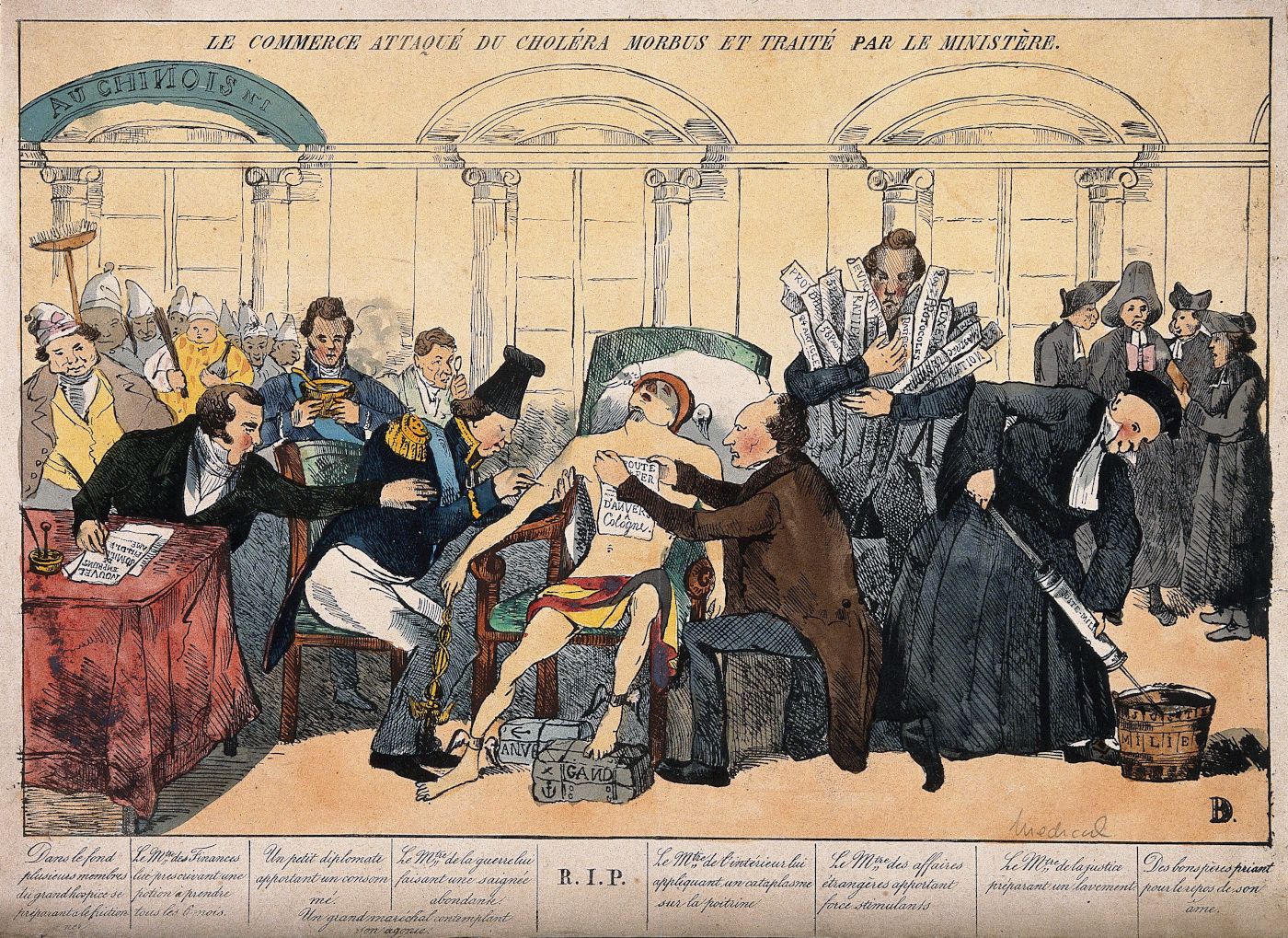 A political cartoon from 19th century France depicting a chaotic scene inside a government office or hospital, with a man lying on a bed, clearly ill with cholera, and being attended to by a doctor and a crowd of government officials.