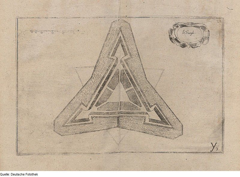 Antique drawing of a triangular star fort with intricate details of walls, bastions, and internal structures.