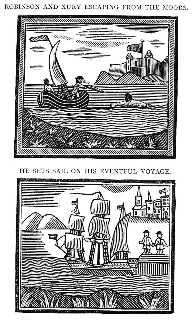 Two black and white woodcut illustrations depicting scenes from a voyage. The top shows a small boat escaping from a coastal town, while the bottom shows a larger ship sailing away from the shore.