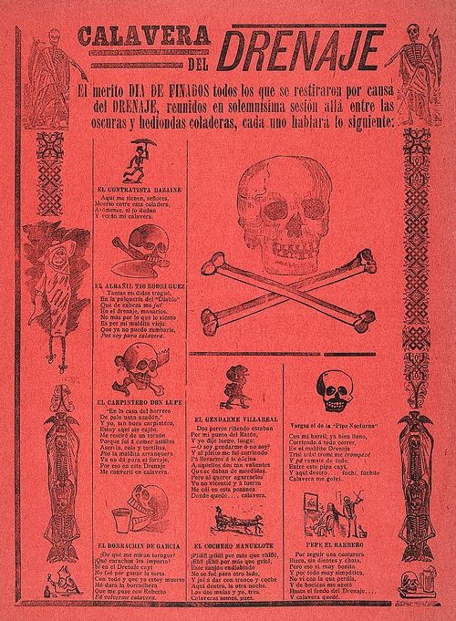 A vintage black and white poster titled "Calavera del Drenaje" featuring a skull and crossbones surrounded by Spanish text and small illustrations.