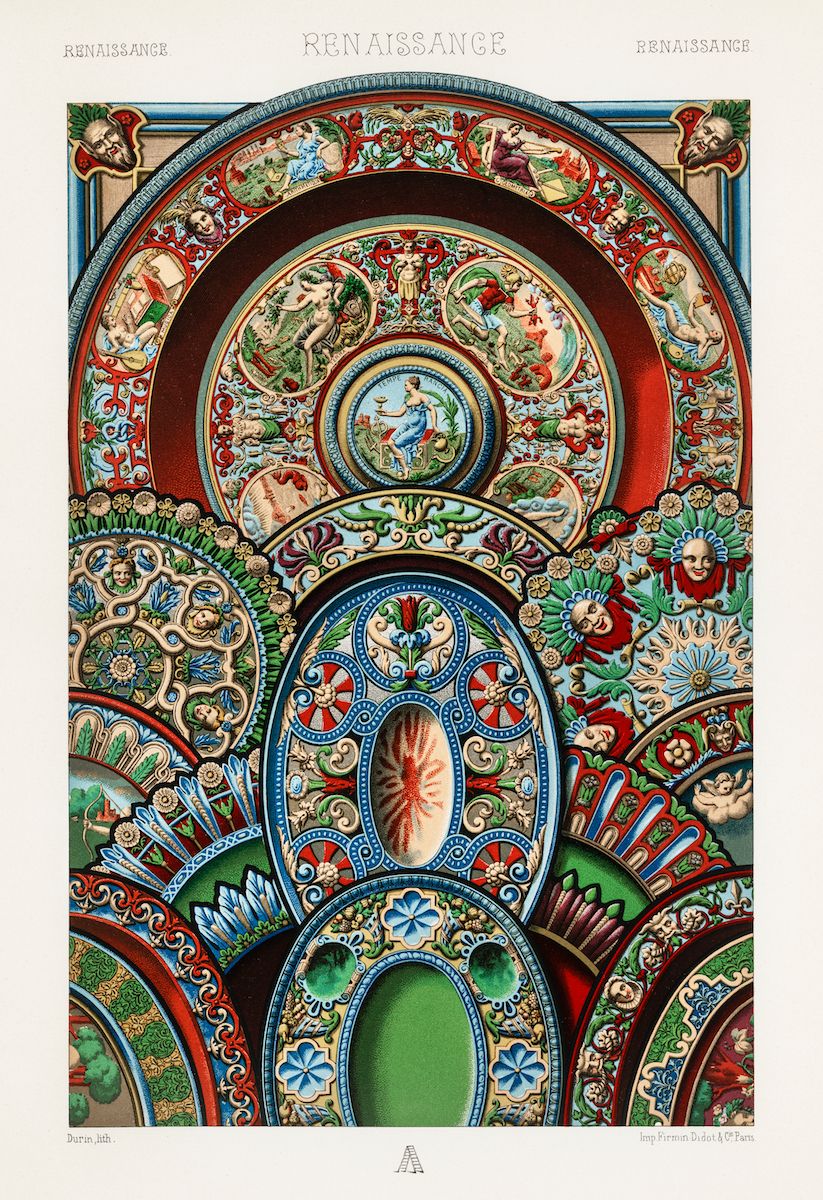 Detailed illustration of a Renaissance-era ceiling decoration with arches, domes, and intricate patterns in blue, red, gold, and green.