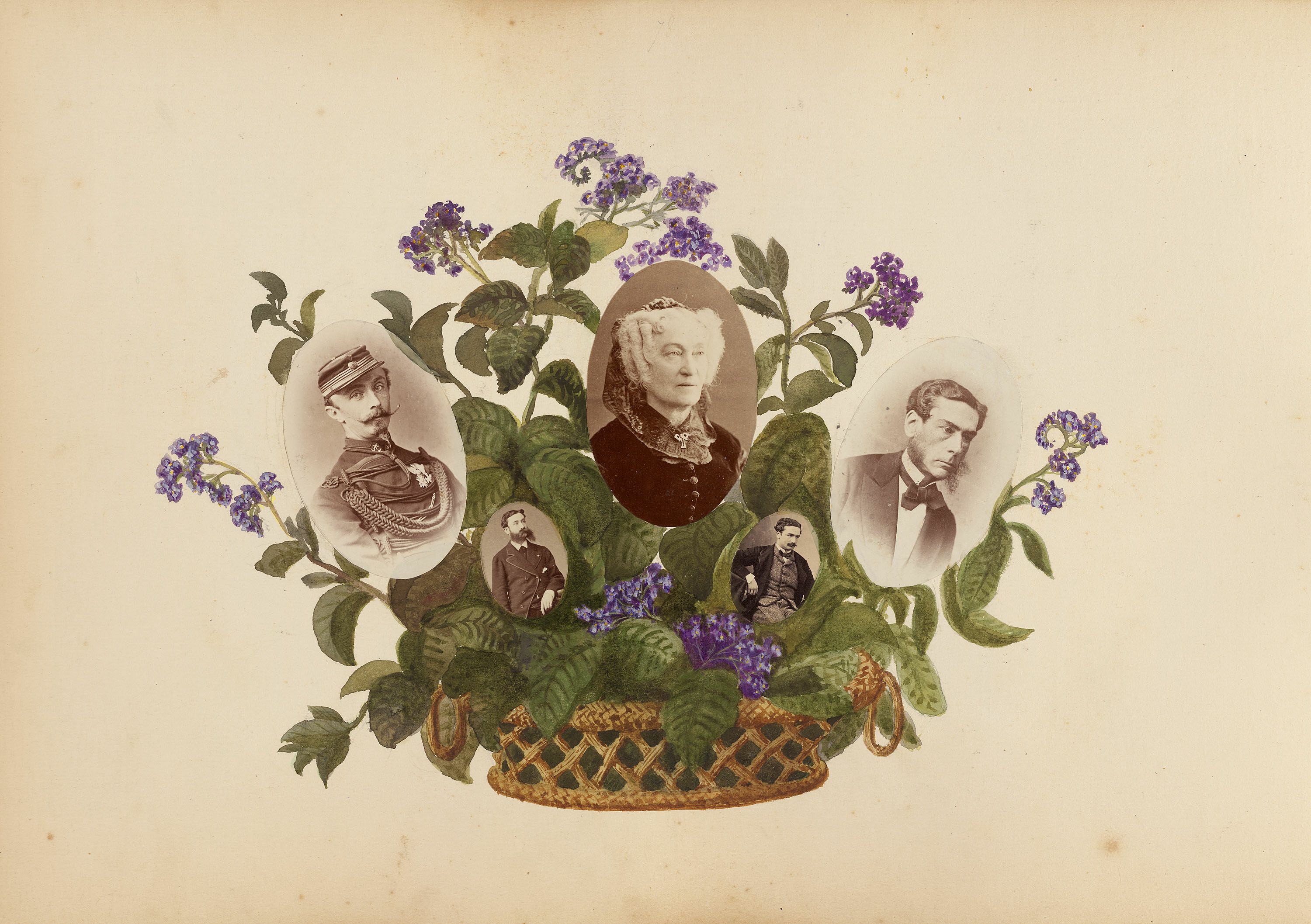 A vintage photograph of a woven basket overflowing with green foliage and purple flowers, containing five oval-shaped photographs of people.