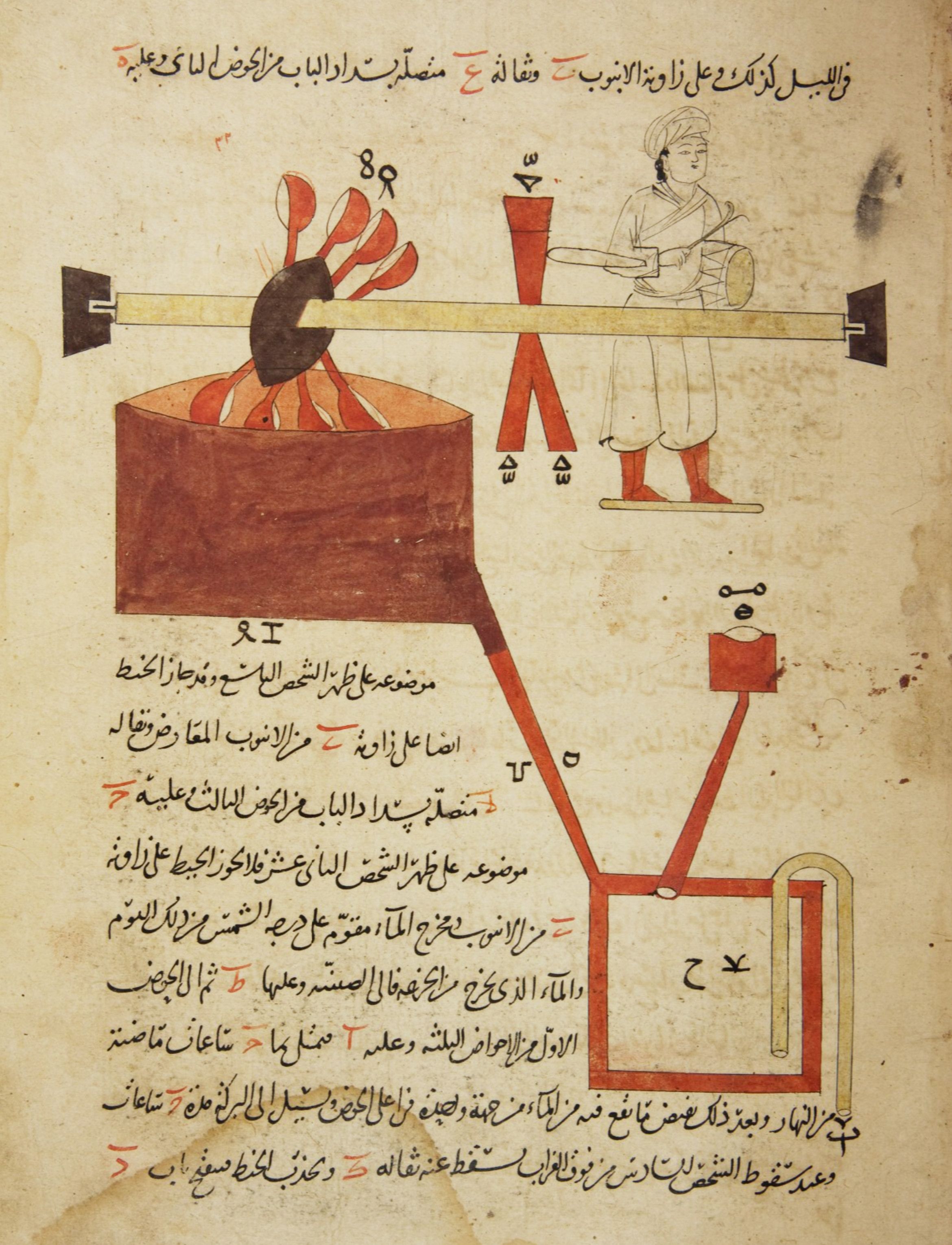 A page from an ancient manuscript featuring a detailed illustration of a complex machine operated by a man.
