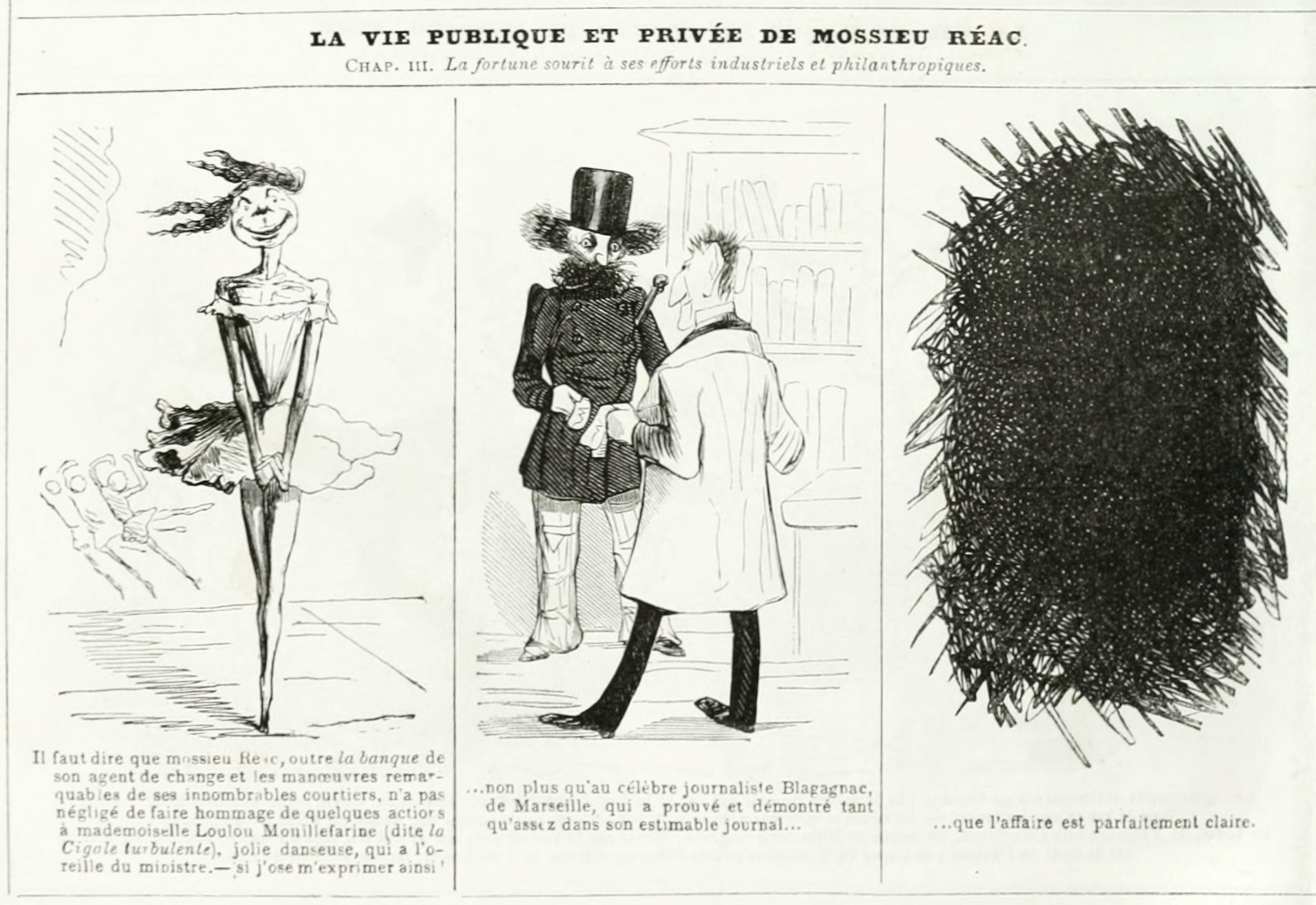 A vintage black and white cartoon strip divided into three panels, depicting scenes with characters and detailed backgrounds in a satirical style.