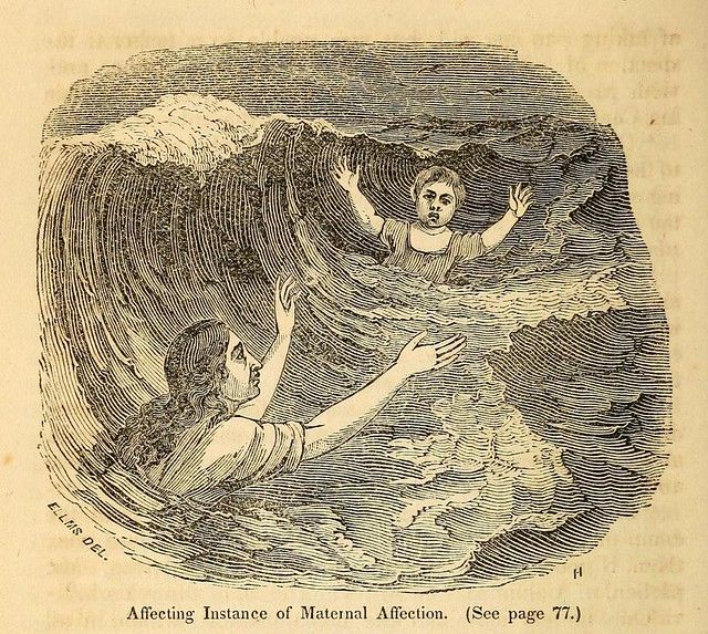 A vintage engraving of a mother and child in a turbulent wave, depicting a dramatic instance of maternal affection.