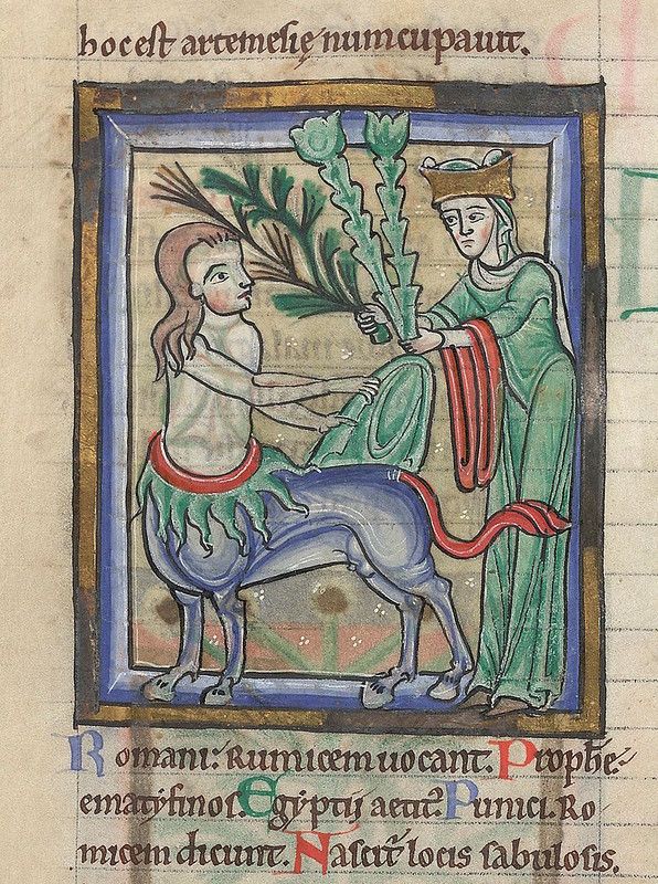 Medieval manuscript illumination depicting a fantastical scene with two figures and a creature interacting with a plant.