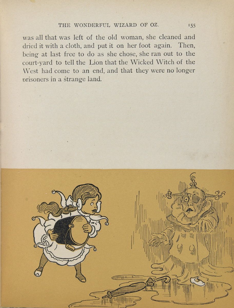 Vintage illustration from 'The Wonderful Wizard of Oz' showing Dorothy running from the melting Wicked Witch of the West.
