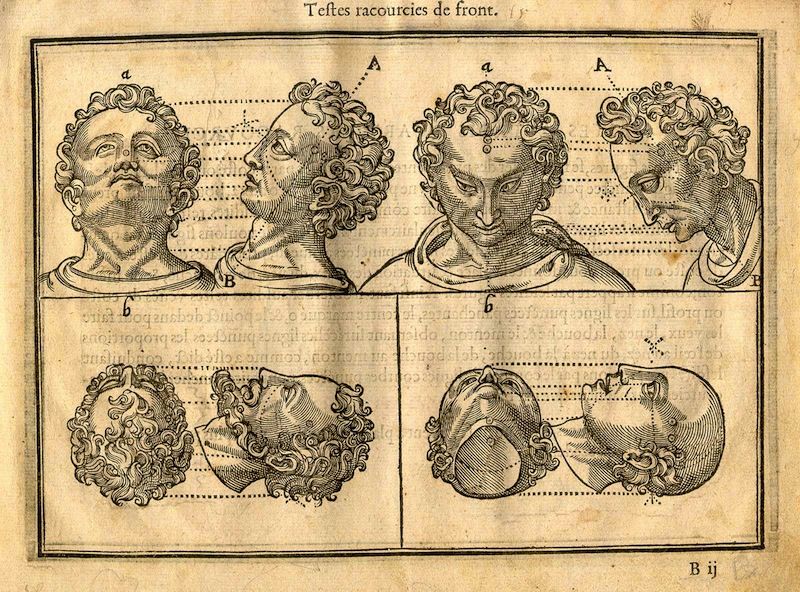 A vintage black and white engraving depicting a series of headshots arranged in a grid, showcasing a man's face from various angles.