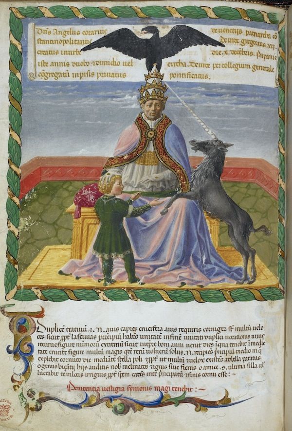 Illumination of a papal figure in a medieval manuscript