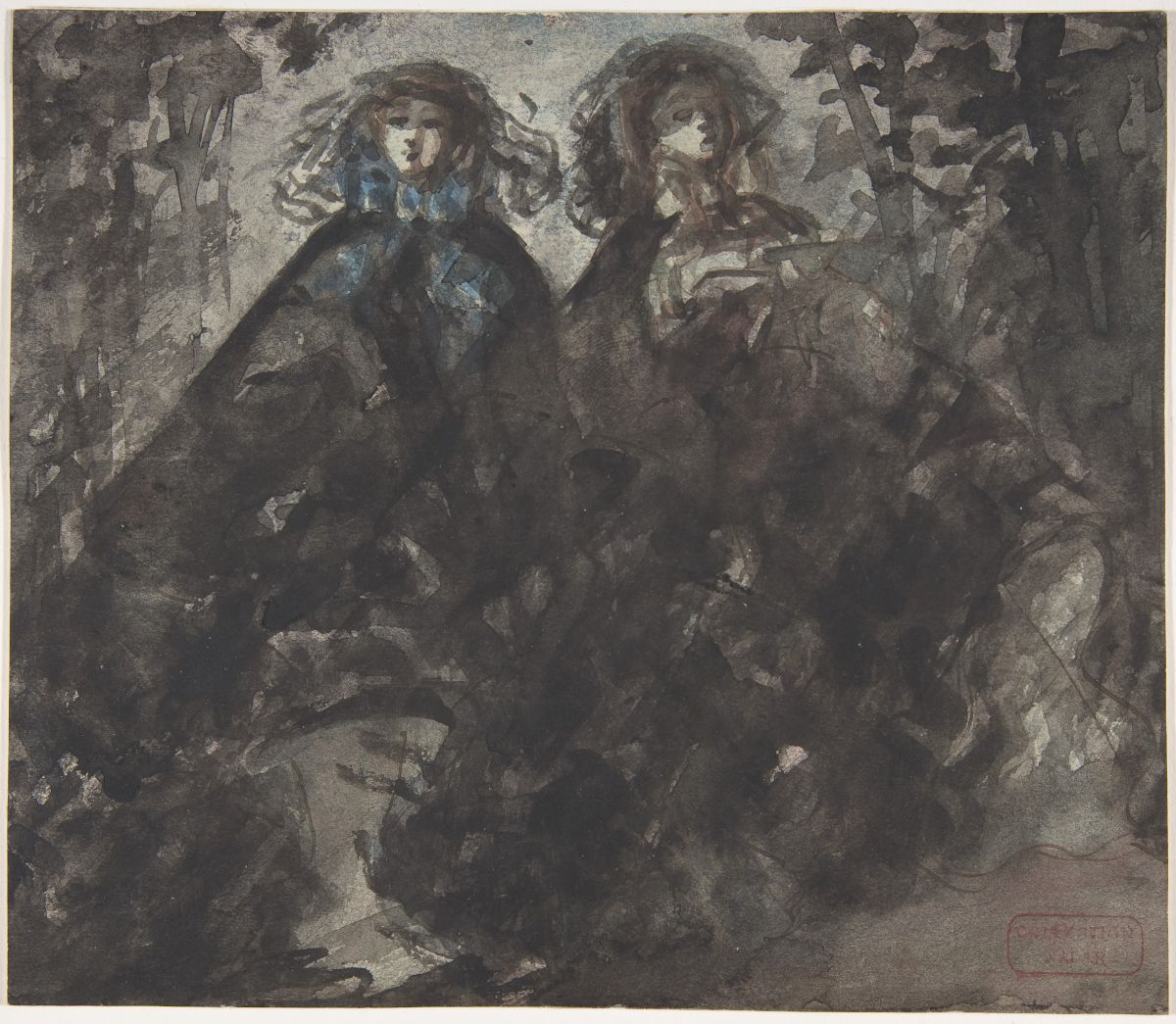 A monochromatic image of two figures in dark, flowing robes, with long, wild hair, set against a dark, textured background.