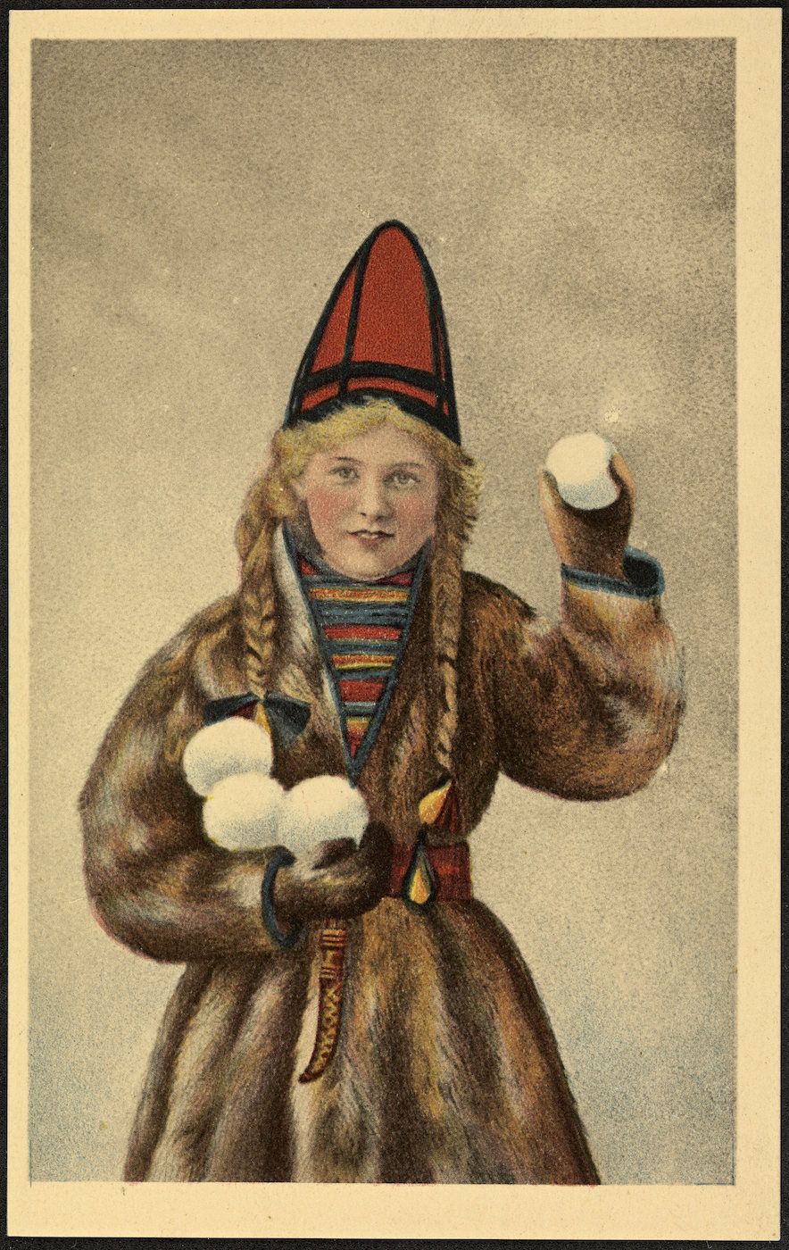 Vintage illustration of a child in traditional winter clothing holding snowballs.