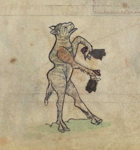 Vintage illustration of a fantastical creature with a horse head and humanoid body, wearing a hat and carrying a bag.