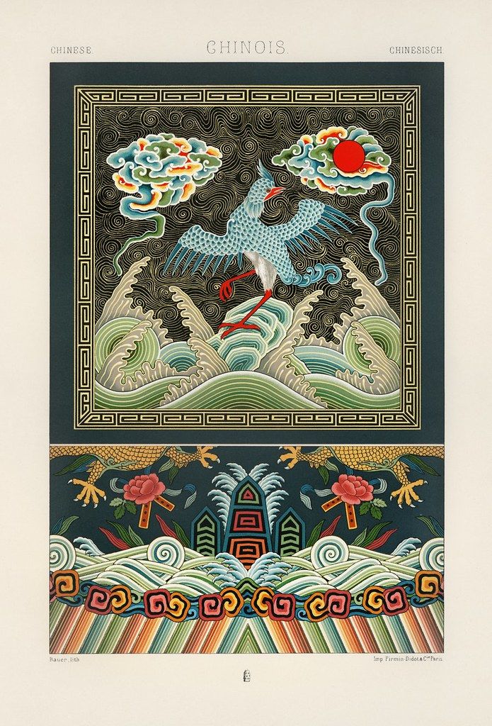 Vintage print of two Chinese textile designs featuring a crane and a tower surrounded by waves and floral motifs.