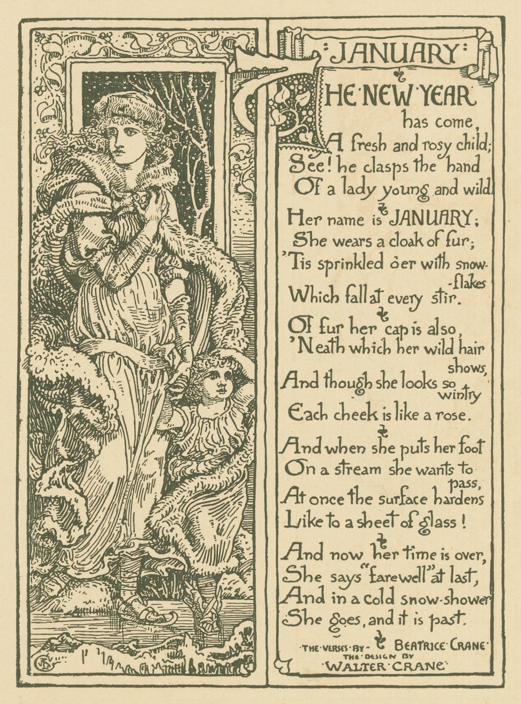 A vintage illustration of a woman in winter, with a poem titled "JANUARY" on the right.