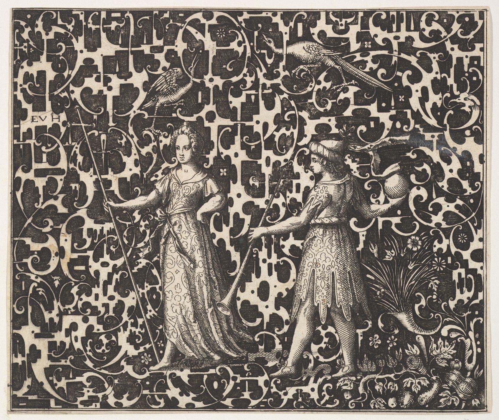 A black and white engraving with two figures and birds in a dense, ornate background.