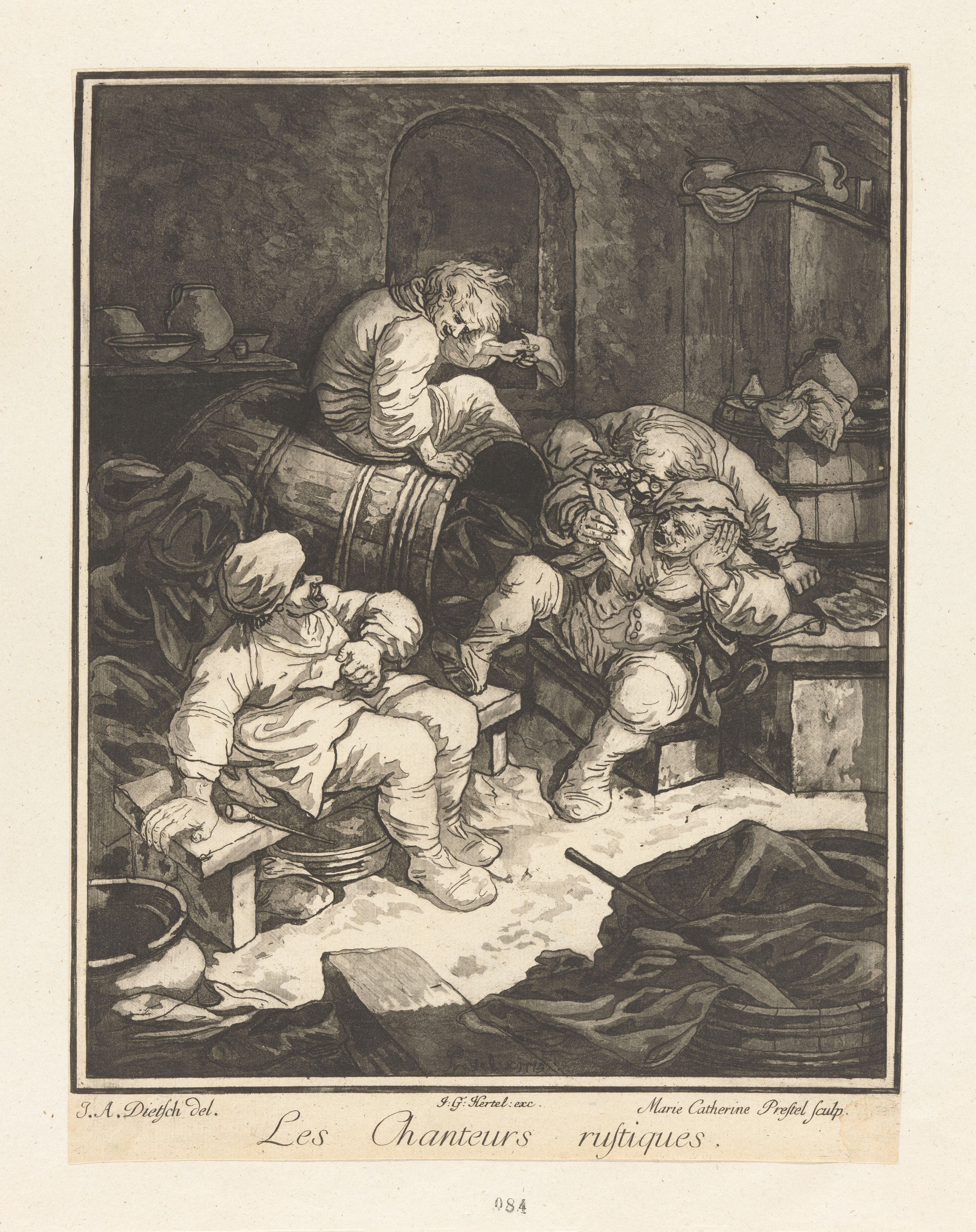 A black and white engraving depicting a lively, rustic scene of musicians and revelers in a tavern or cellar.