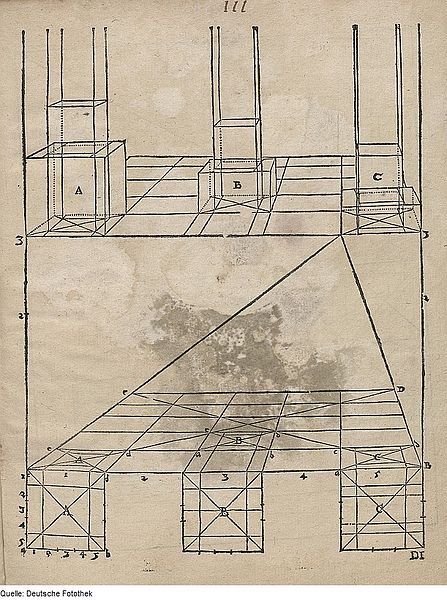 A vintage technical drawing of cubes and lines demonstrating perspective and geometry.
