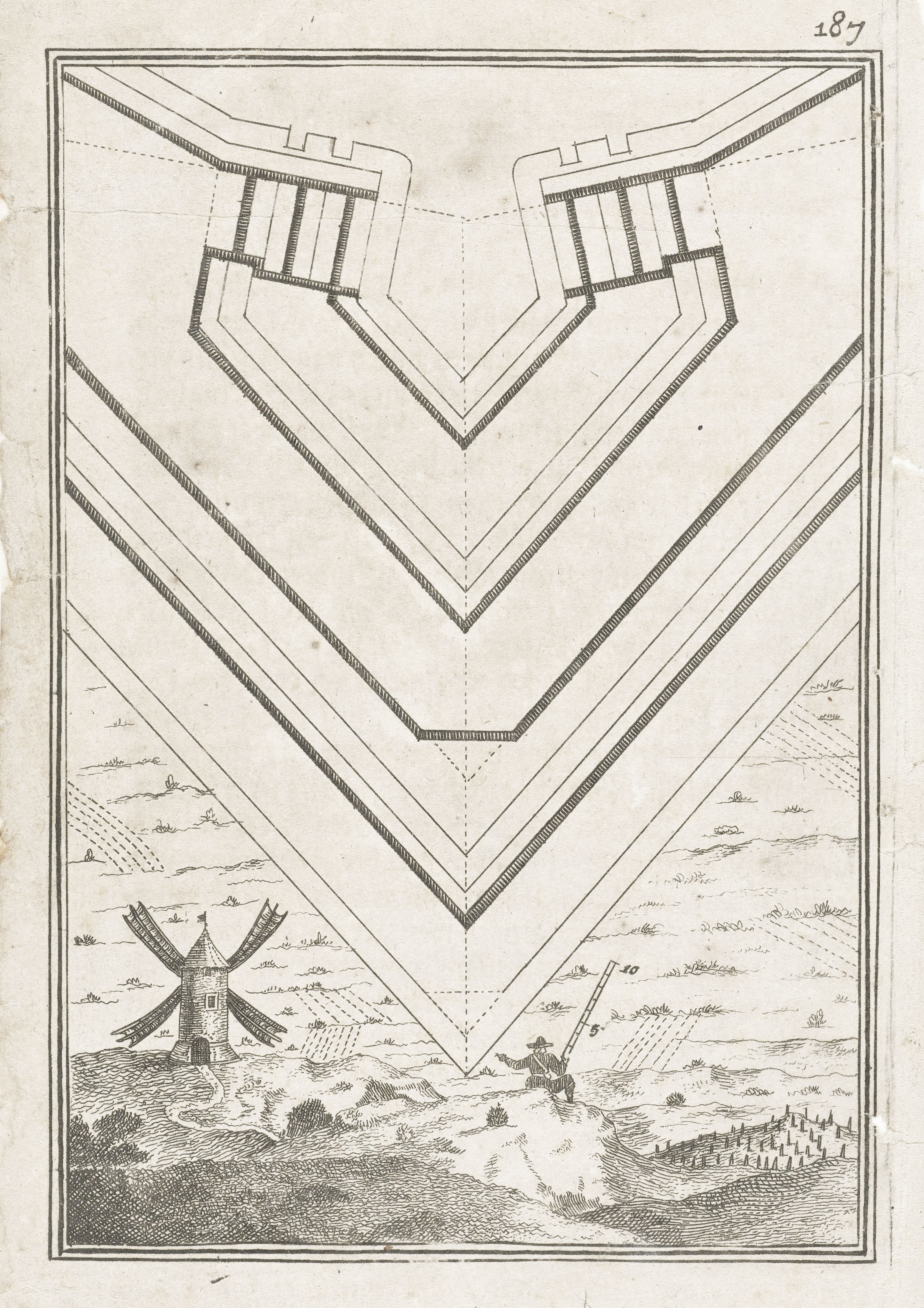 Vintage illustration of a fort and landscape with windmill and figures.