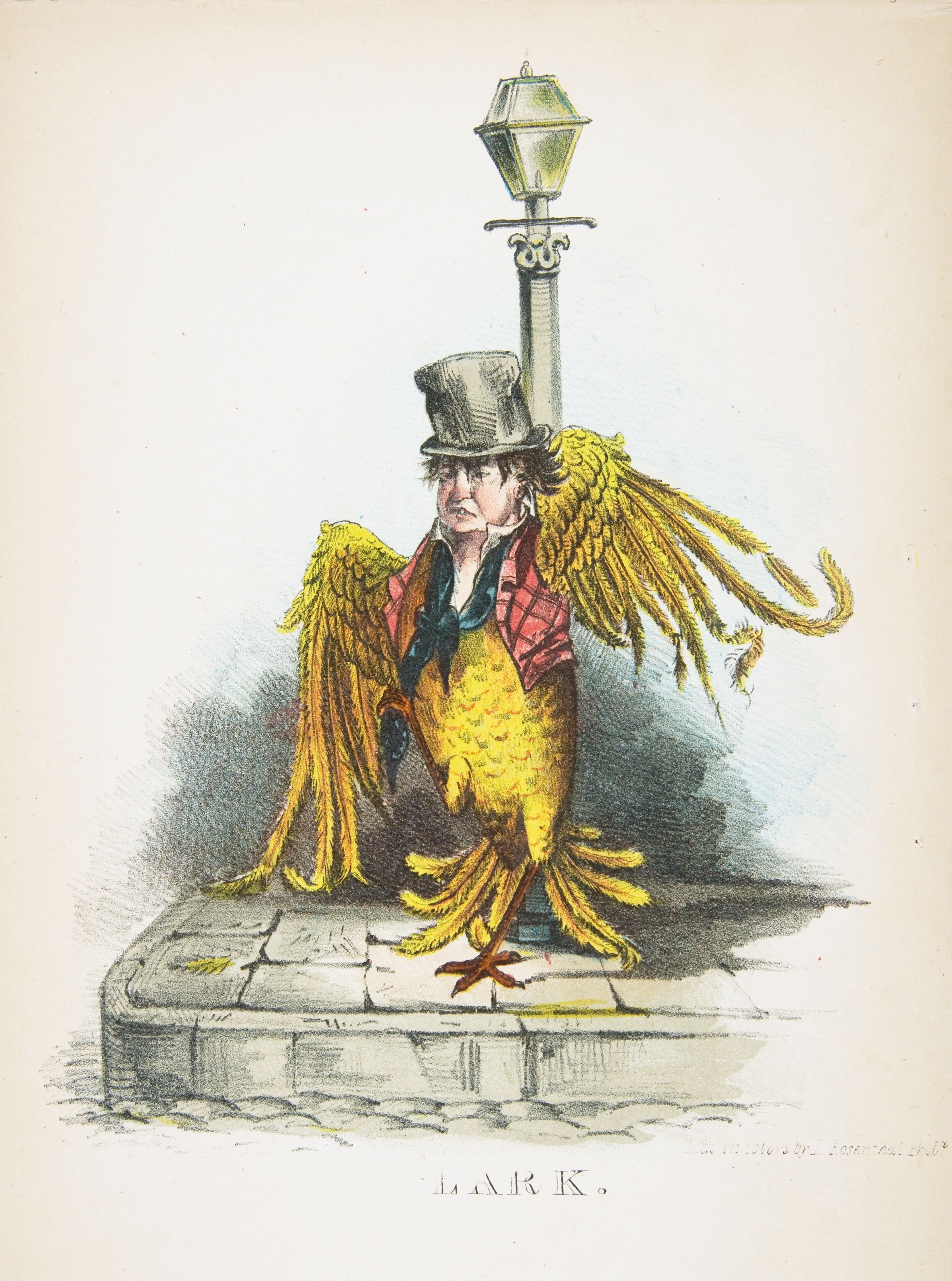 Vintage illustration of a man transformed into a bird-like creature standing on a stone base with a lamp post in the background.