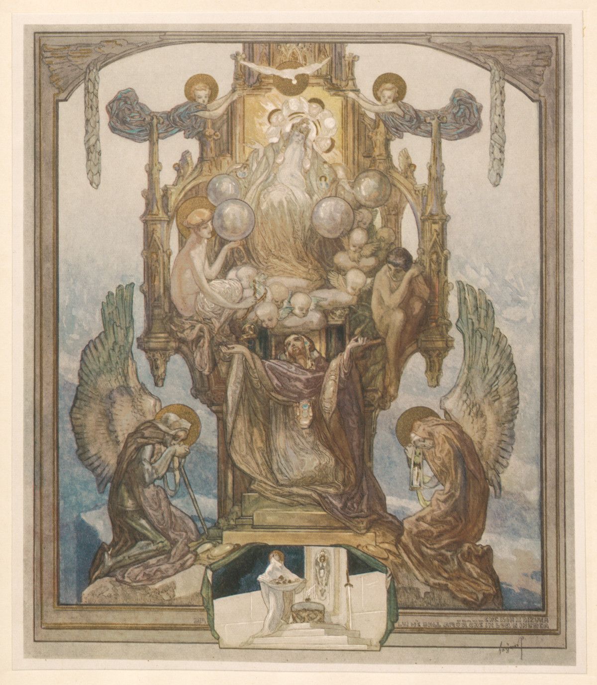 A detailed watercolor painting depicting a religious scene with a throne, angels, and a luminous figure, likely a vision of the Eucharist.