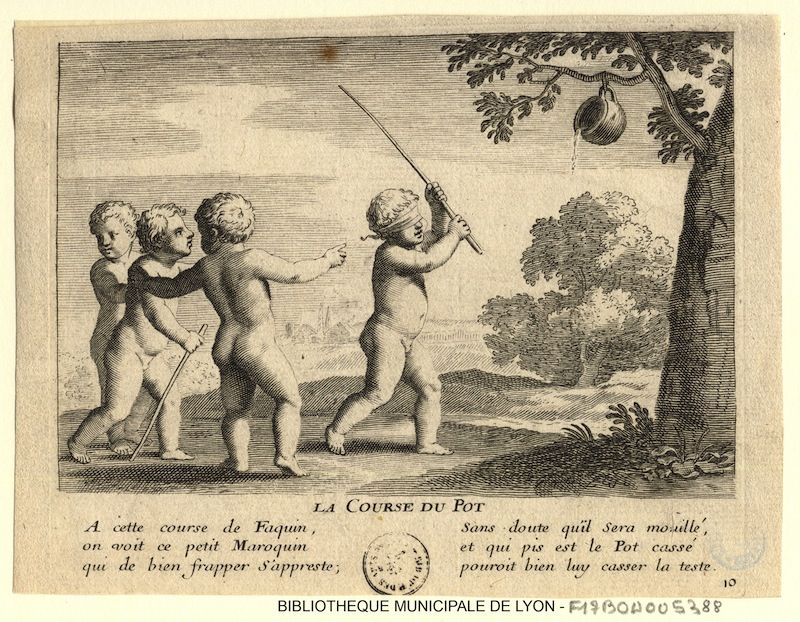 Vintage engraving of children playing a game to knock a pot off a tree.