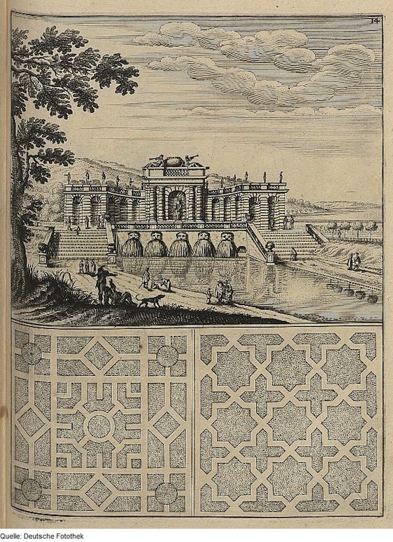 A vintage black and white engraving depicting a grand landscape with a prominent architectural feature.