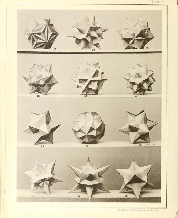 A vintage illustration of twelve numbered geometric shapes, showcasing the progression of a complex geometric form through paper folding or origami.