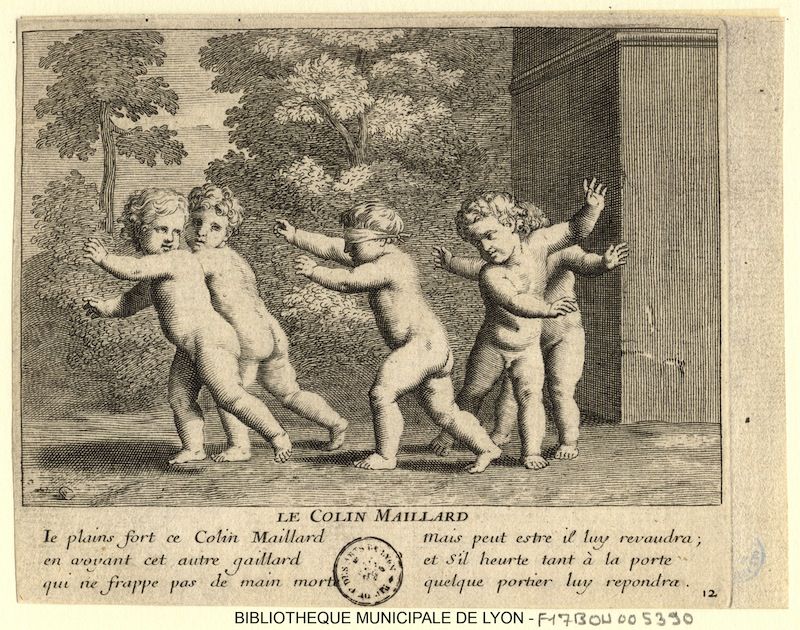 A black and white engraving depicting four children dancing or skipping in a row, with trees in the background and French text below.